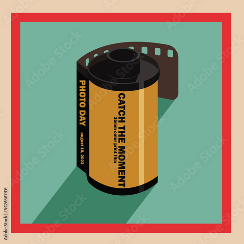 Illustration of photographic film cassette in flat style dedicated to World photo day in August 19, 2023