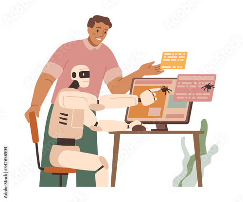 Testing and repairing bugs in programs. Isolated employee helping robot to improve quality of work, automatization of project making. Vector in flat cartoon style
