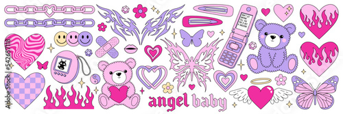 Y2k glamour pink stickers. Butterfly, kawaii bear, fire, flame, chain, heart, tattoo and other elements in trendy emo goth 2000s style. Vector hand drawn icon. 90s, 00s aesthetic. Pink pastel colors. photo
