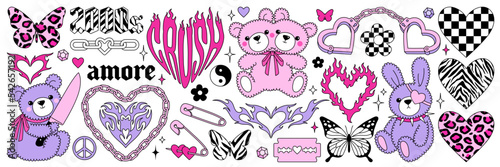Y2k glamour pink stickers. Butterfly, kawaii bear, fire, flame, chain, heart, tattoo and other elements in trendy emo goth 2000s style. Vector hand drawn icon. 90s, 00s aesthetic. Pink pastel colors.