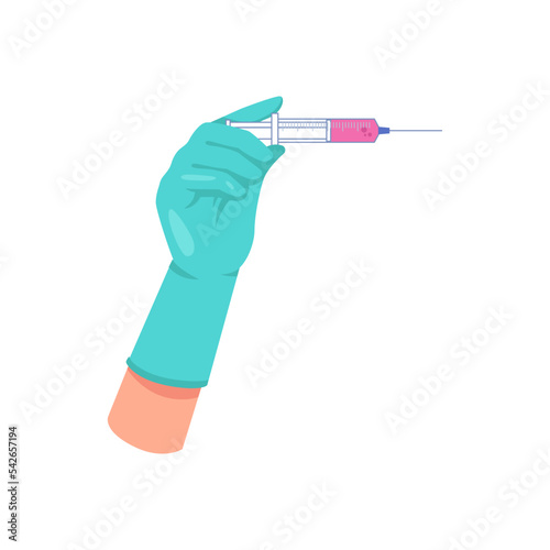 Vaccination and preventive measures against covid. Isolated doctor hand in sterile glove holding syringe filled with vaccine. Vector in flat cartoon style