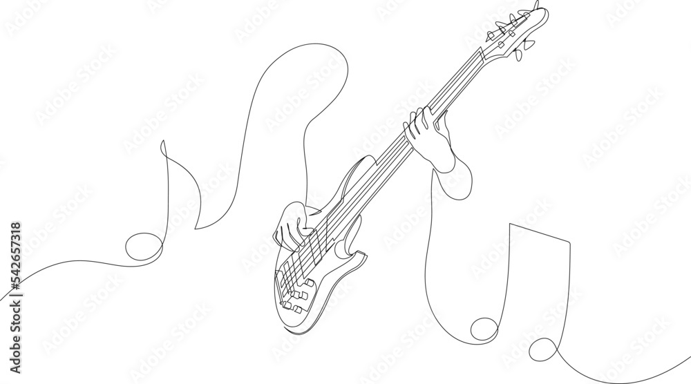 Continuous line drawing of man playing guitar with music notes isolated on white background. Continuous line drawing of man playing guitar with music notes isolated on white background.