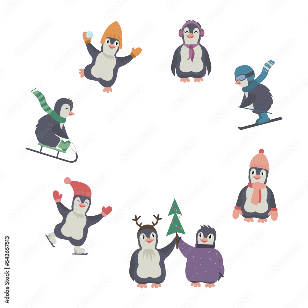 Fototapeta premium Christmas circle of cute cartoon happy funny penguins with warm clothes waiting for holidays. Winter vector illustration for children print.