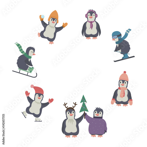 Christmas circle of cute cartoon happy funny penguins with warm clothes waiting for holidays. Winter vector illustration for children print. © annagraphics19