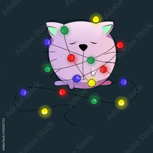 vector upset cat. Round abstract cat entangled in a New Year's garland. Sad cat.