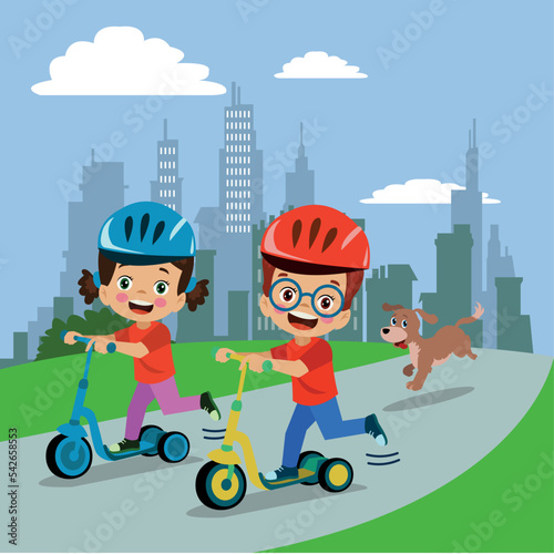 cute happy boy riding scooter