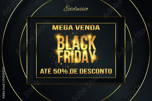 cartão ou banner para black friday com mega vendas de até 50% de desconto em ouro em retângulos e círculos na cor dourada em fundo preto com glitter e estrelas