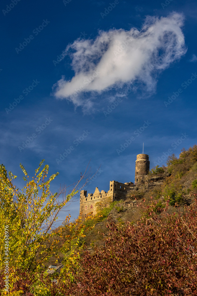St. Goarshausen, Loreley, Blick auf Burg Maus, Rheinland-Pfalz, Deutschland 