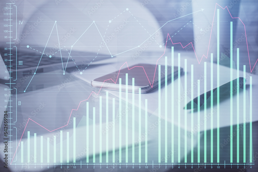 Double exposure of forex graph drawing and cell phone background. Concept of financial data analysis Double exposure of forex graph drawing and cell phone background. Concept of financial data analysis