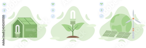 Sustainability illustration set. ESG.  Characters reduce energy consumption at home, unplug appliances and use energy saving light bulb. Green electricity and power save concept. Vector illustration. photo