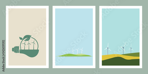 Wind turbines  wind energy  wind power. Clean Environment  Eco Renewable Energy. Vector illustration.