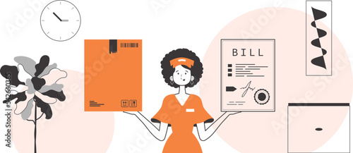 The girl holds a parcel and a check in her hands. Parcel delivery concept. Linear modern style.