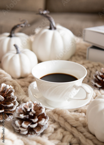 cozy autumn morning breakfast on table, coffee cozy..