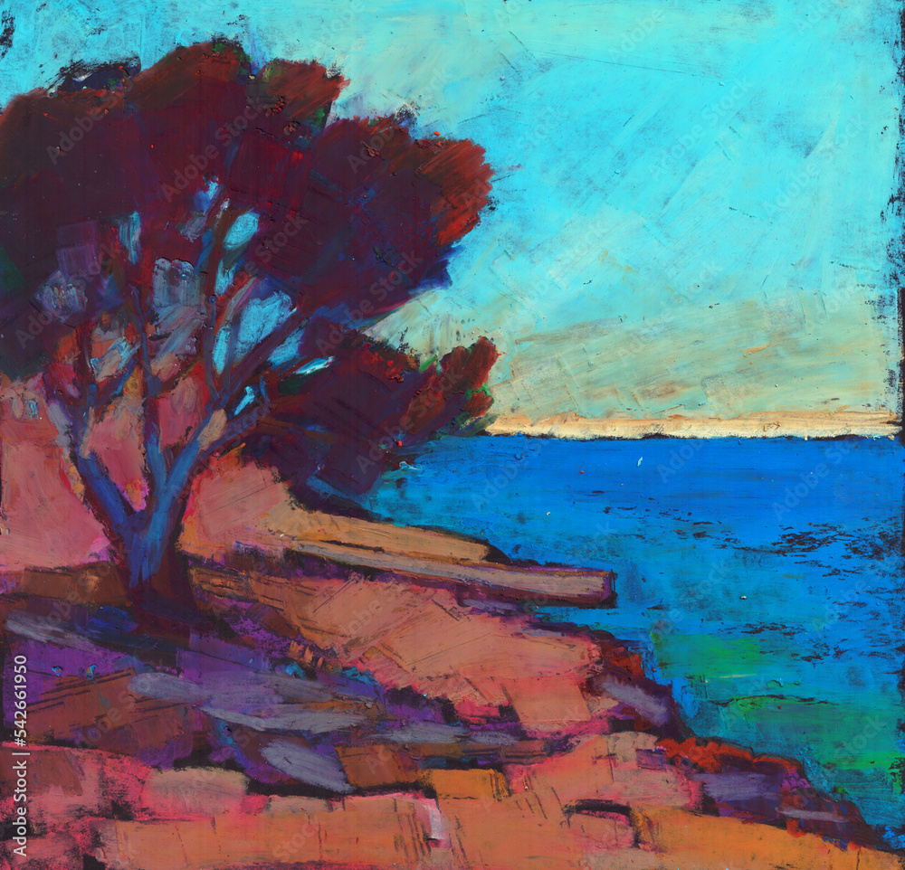 Seascape with Pine trees in Pastel style