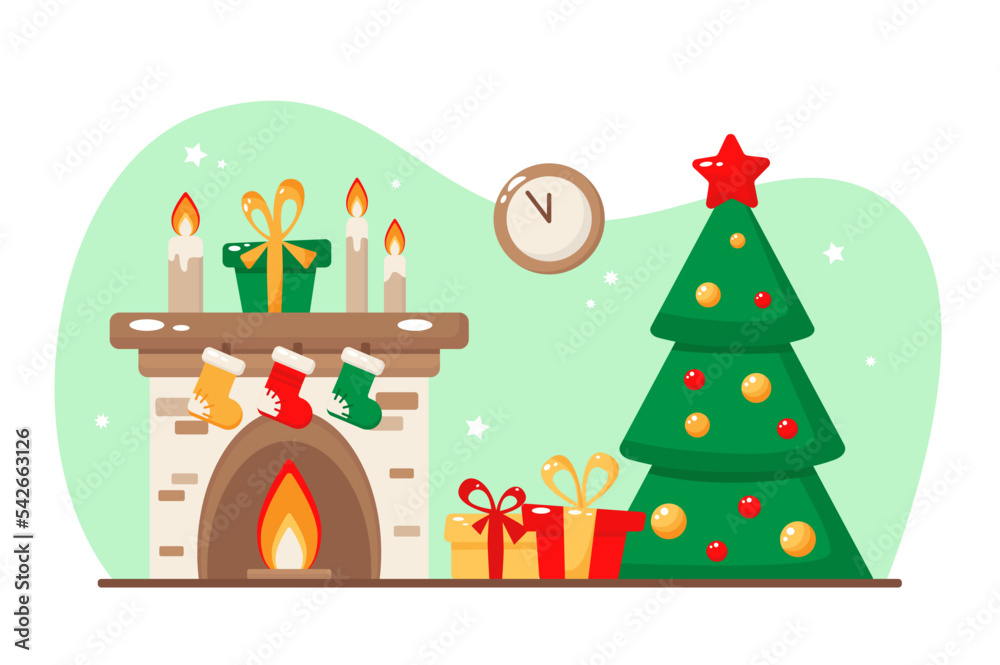 Vector illustration of Christmas tree with gifts near the fireplace. Cozy Christmas illustration in flat style.