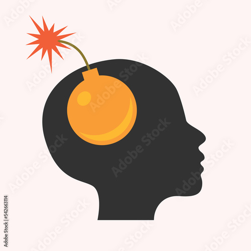 Burnout human mind. Mind blowing, exploding. Head with bomb instead on brain. Danger of explosion and blow-up as metaphor of dangerous mental issue and breakdown of mind