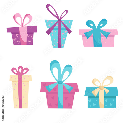 Set of vector gifts in flat style. Cute gifts for the holiday. Gifts for birthday, Valentine's day, wedding.