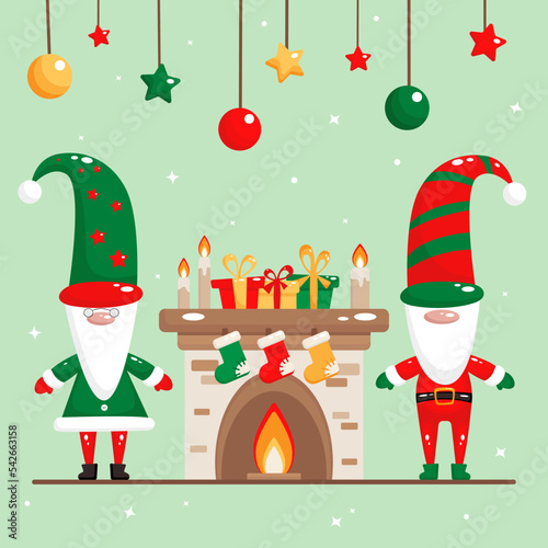 Vector illustration of Christmas gnomes by the fireplace. Cute Scandinavian gnomes for Christmas. Cozy Christmas illustration in flat style.