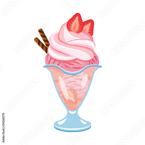 Strawberry Ice Cream Sundae with whipped cream and strawberries on top icon vector. Pink ice cream sundae icon vector isolated on a white background. Strawberry ice cream cup with a wafer drawing