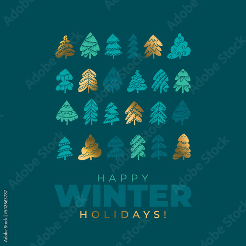 Teal Christmas card with cute Xmas trees.