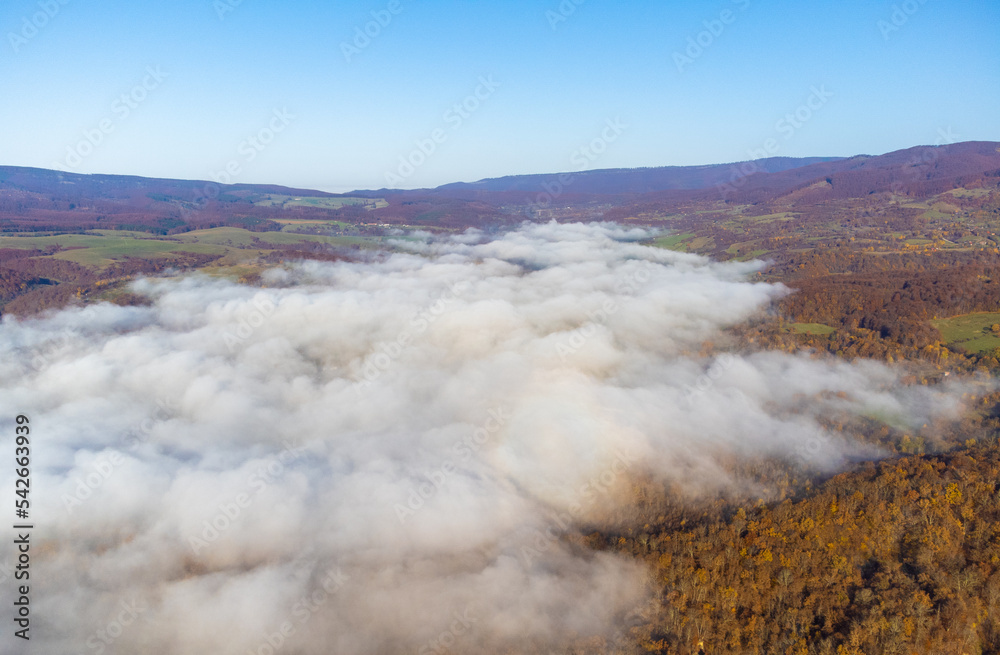 Aerial view of a layer of fog on the ground
