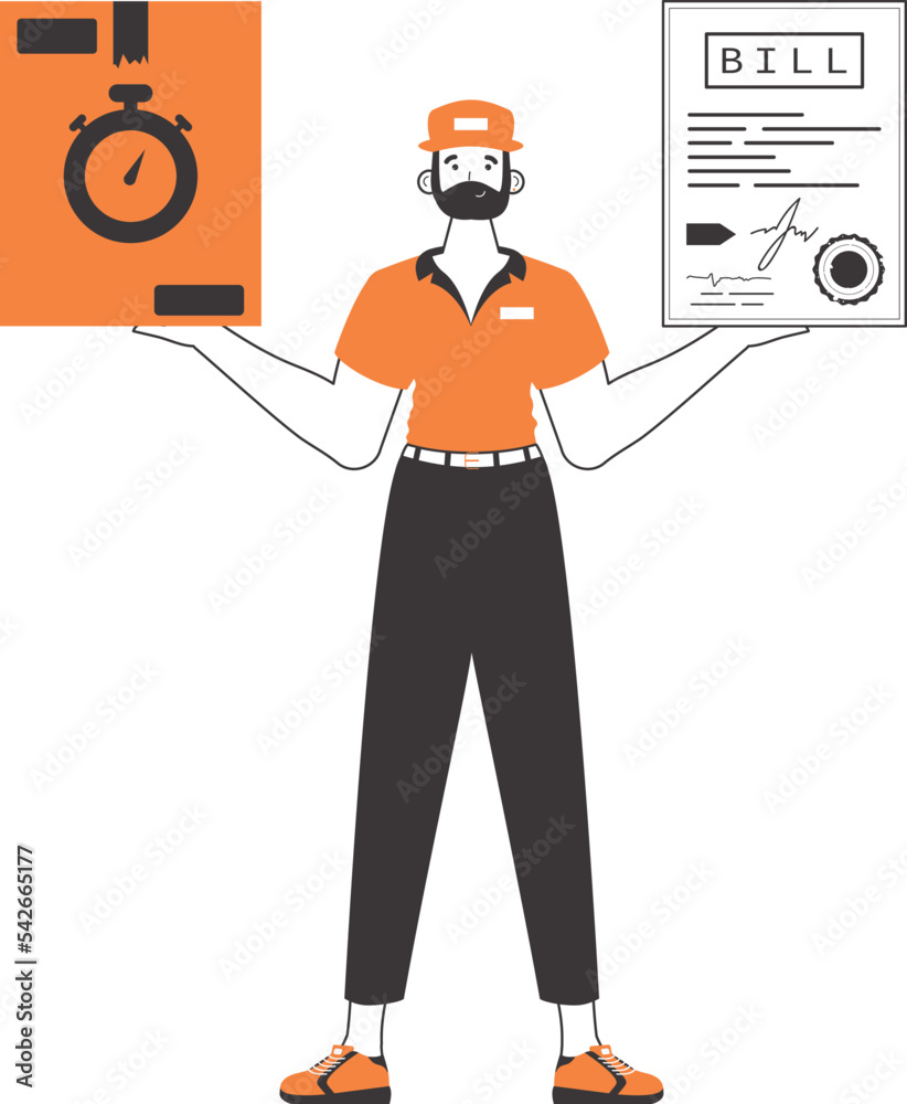 A man holds a parcel and a check in his hands. Delivery concept. Linear style. Isolated on white background. Vector illustration.