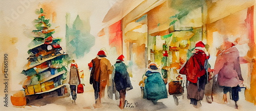 Christmas shopping with people and lifestyle activities in colors. Festive shopping Watercolor illustration of impressionist painting