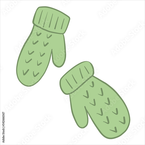 Vector illustration in doodle style. Knitted warm winter mittens with patterns