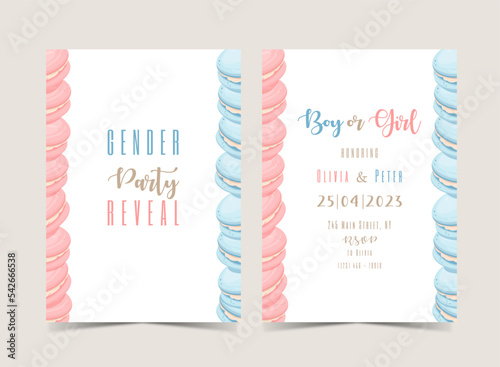 Invitation for gender reveal party with macarons blue and pink. Vector flat illustration for card, , design, flyer, poster, decor, banner, web, advertising.