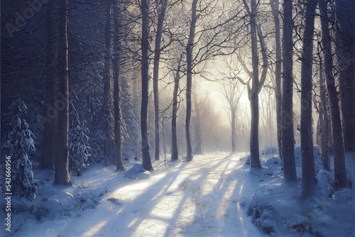 Snowy winter forest in the morning digital art