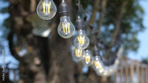 slomo of garland of vintage light bulbs strung across a garden swinging in wind photo