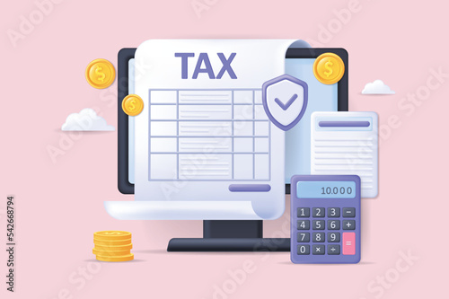 Realistic concept of online tax scene without people in 3D cartoon design. Image of tax bills on a computer screen. Vector illustration.