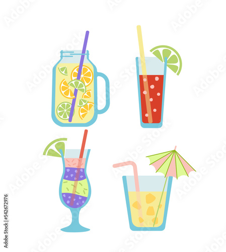 Set of cocktails. Bright beach mixed drinks. Flat, cartoon, vector