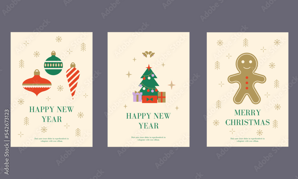 Merry Christmas set poster. Happy New Year! Minimalistic greeting card, flyer, background. Modern vector design template in flat style. Merry Christmas set poster. Happy New Year! Minimalistic greeting card, flyer, background. Modern vector design template in flat style.