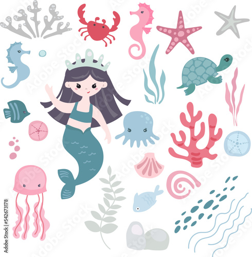 Set cute mermaid girls and undersea animals, crab, shells, seaweed and sea stars