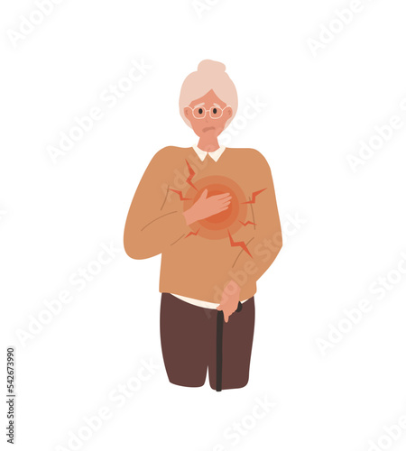 Flat Elderly, old woman got sharp chest pain, heart attack. Sudden pressure, cardiac discomfort. Cardiovascular disease. Adult person clutching breast with painful facial expression