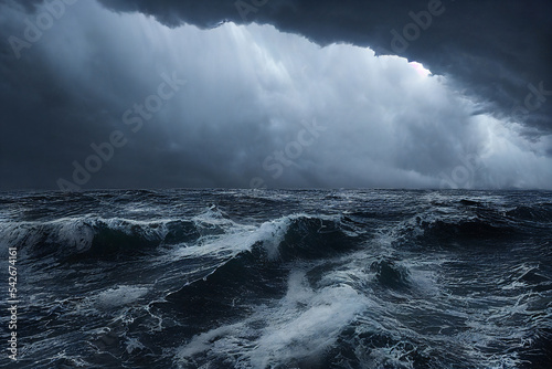 Big tsunami wave. Bad weather at ocean. Storm at sea. catastrophe and accident. 3d image illustration