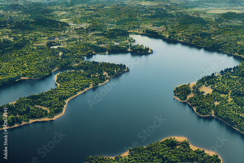 Illustration of erial view of river and trees in imagine place on earth. Beautidul natural Landscape. 3d image illustration
