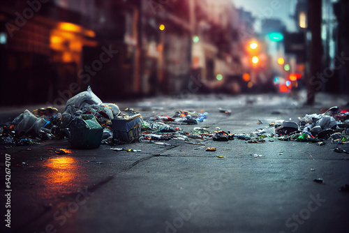 garbage on the road in the city. dirty street. plastic and bottles. 3d image illustration