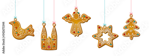 Hanging Christmas gingerbread cookies in cartoon style. Sweet biscuits in festive shapes characters and objects for template web banner. Cute childish Vector illustration