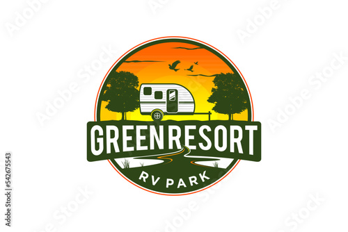Recreational Vehicle logo design holiday journey traveler river lake car trailer oak tree silhouette