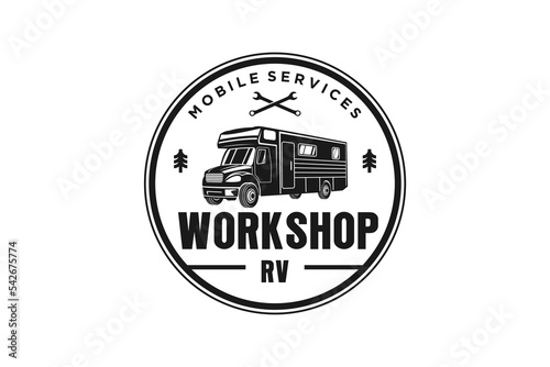 RV logo recreational vehicle transportation bus design emblem badge style holiday vacation rounded shape