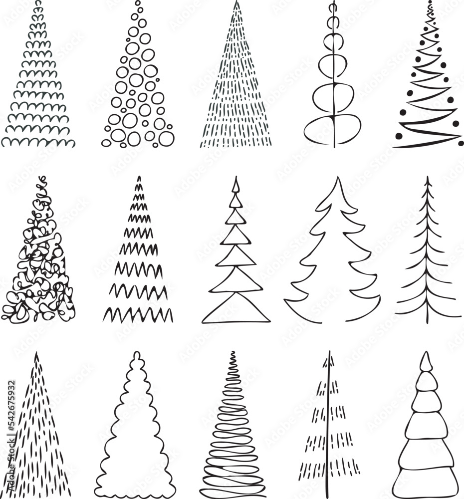 Christmas tree black and white set. Fir tree line drawing, vector icon. Holiday design elements isolated on white. Simple shape concept. For winter season cards, New year party posters and banners