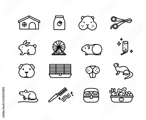 Pet rodent web icons set. Vector outline pet shop signs collection. Hamster, cavy and bunny accessories pack for online store