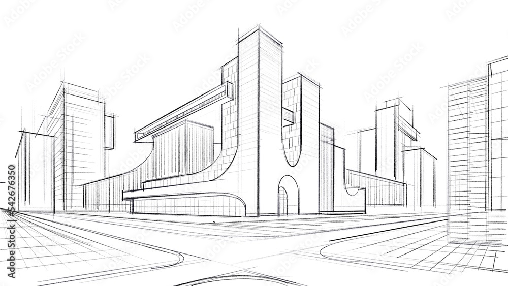Architectural abstract sketch of a complex of buildings.