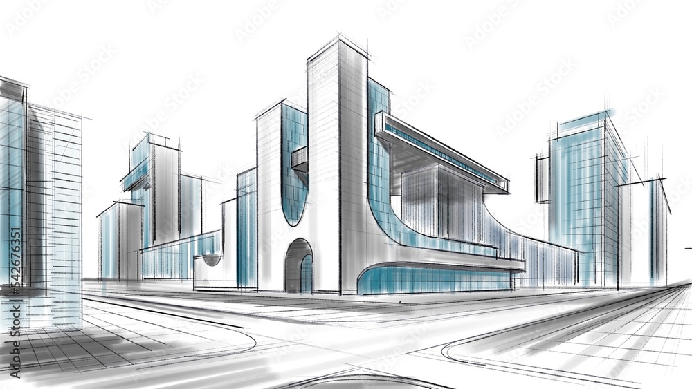 Architectural abstract sketch of a complex of buildings.