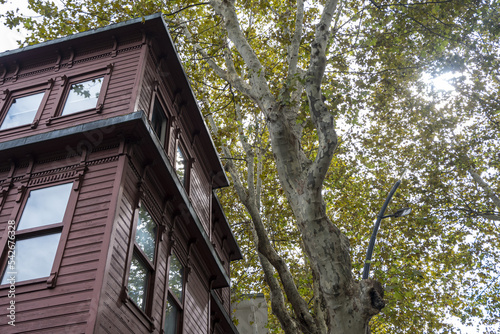 Old wooden house and trees, Istanbul Kuzguncuk old wooden structure