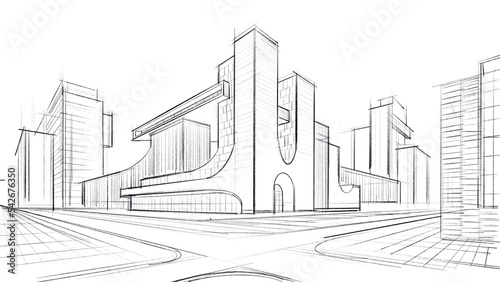 Obraz na płótnie Architectural abstract sketch of a complex of buildings. w salonie