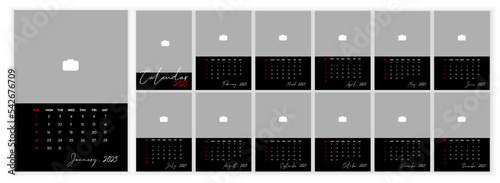 Wall Monthly Photo Calendar 2023. Simple monthly vertical photo calendar Layout for 2023 year in English. Cover Calendar, 12 monthes templates. Week starts from Monday. Vector illustration photo