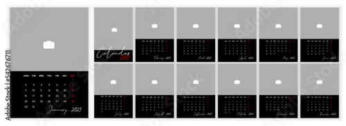Wall Monthly Photo Calendar 2023. Simple monthly vertical photo calendar Layout for 2023 year in English. Cover Calendar, 12 monthes templates. Week starts from Monday. Vector illustration